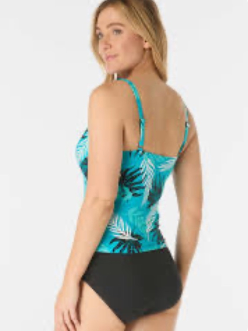 Caribbean Joe Tropical Black White Teal Tankini Swim Top
